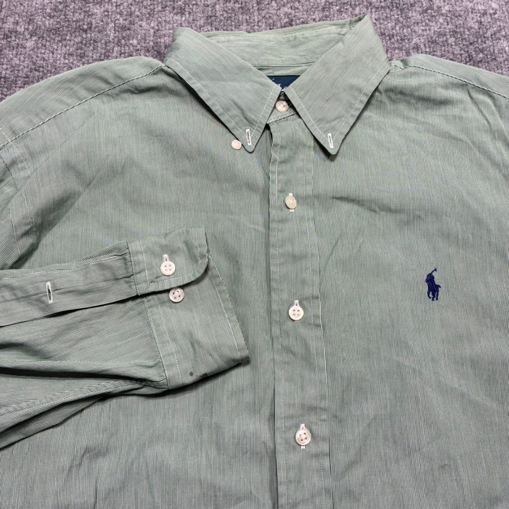 Polo Ralph Lauren Shirt Mens 16 32/33 Green Stripe Classic Fit Log Sleeve Preppy